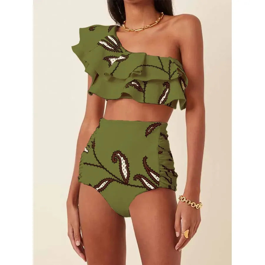 Women's high waist printed bikini in beige with oblique shoulder ruffles and polyester fabric, front view.