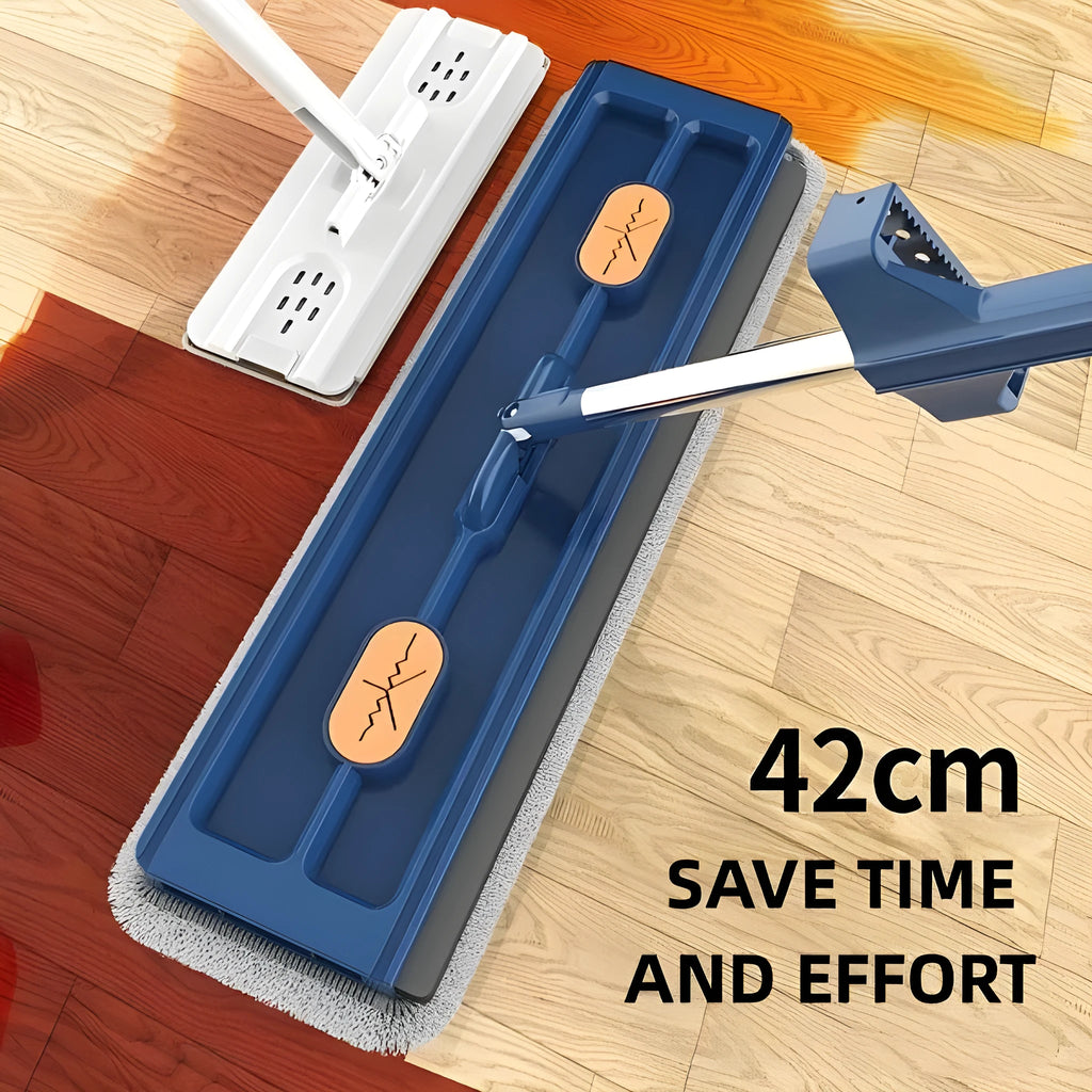 Large blue flat mop with a long silver handle showing the rotating head and built-in dewatering scraper.