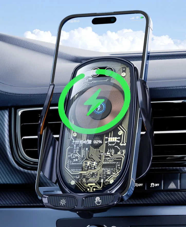 Wireless car charger with air vent mount, magnetic interface, and USB cable in gun colour or silver
