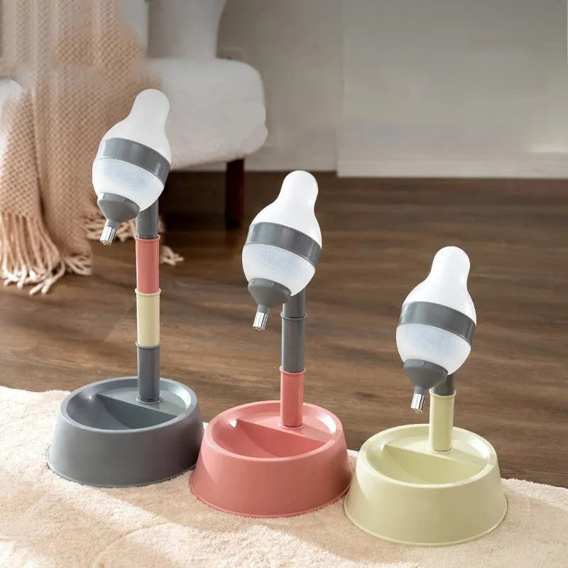 Green pet standing water dispenser with detachable pole and adjustable height settings on a floor.