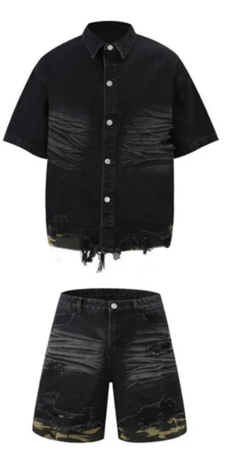 Leopard print denim short sleeve jacket and matching shorts set with raw cut edge stitching.