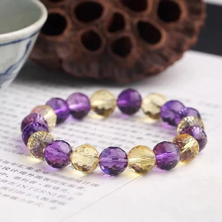 128-sided cut crystal bracelet showing amethyst, ametrine and citrine variations with different bead sizes