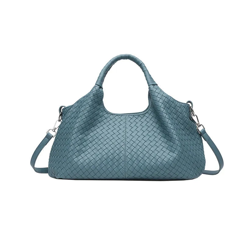 Women's woven large capacity handbag in brown, soft PU material with double shoulder straps and horizontal square shape