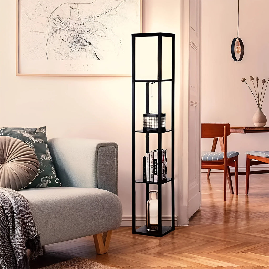 Black wooden floor lamp with fabric shade and charging shelf, D260xH1600mm, LED light