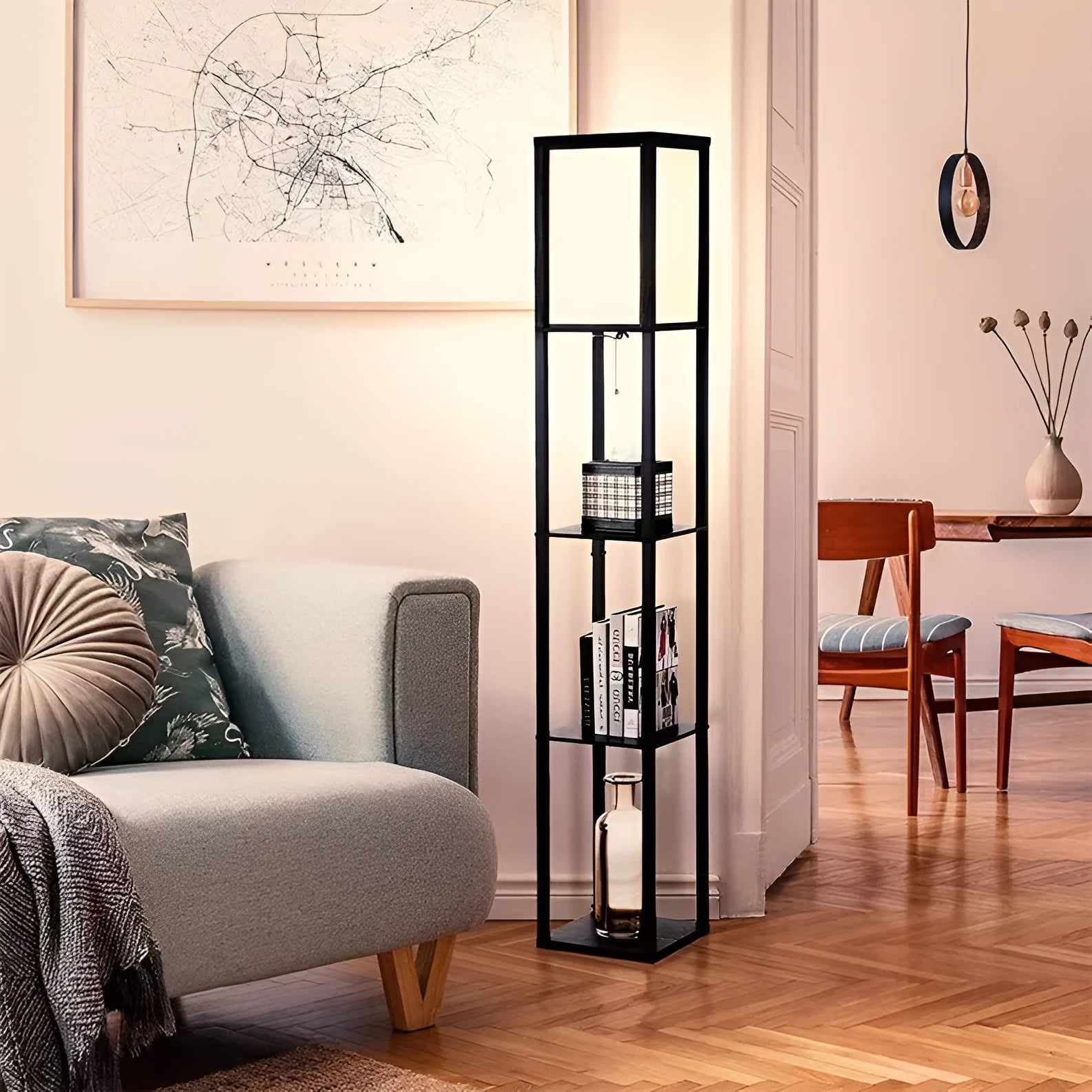 Black wooden floor lamp with fabric shade and charging shelf, D260xH1600mm, LED light