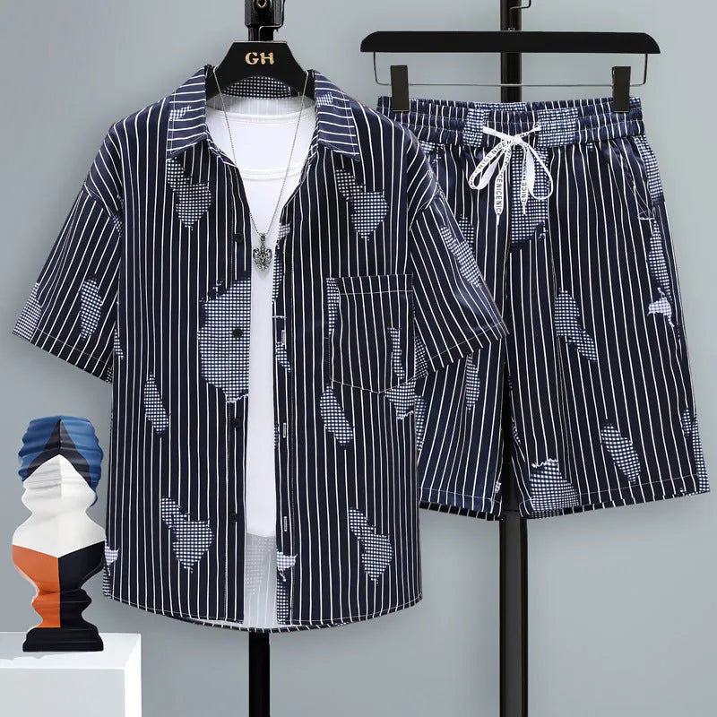 Men's casual polyester short-sleeve top and matching shorts two-piece set on a hanger.
