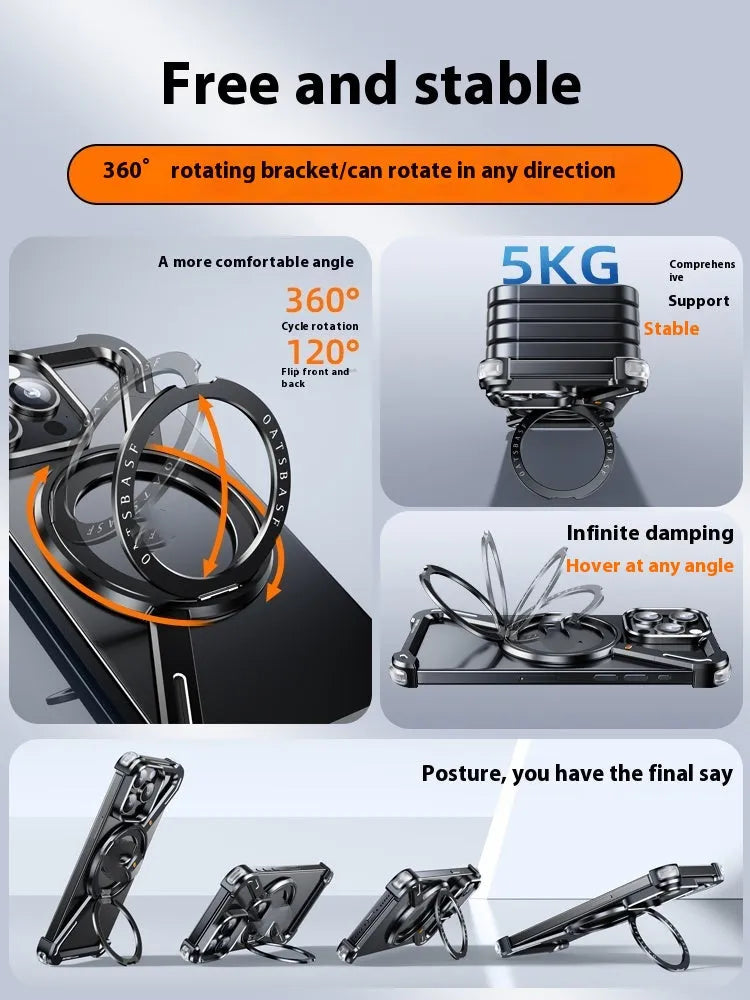 Seamless aluminium alloy phone case with hollow back and magnetic bracket for iPhone 15 Pro Max