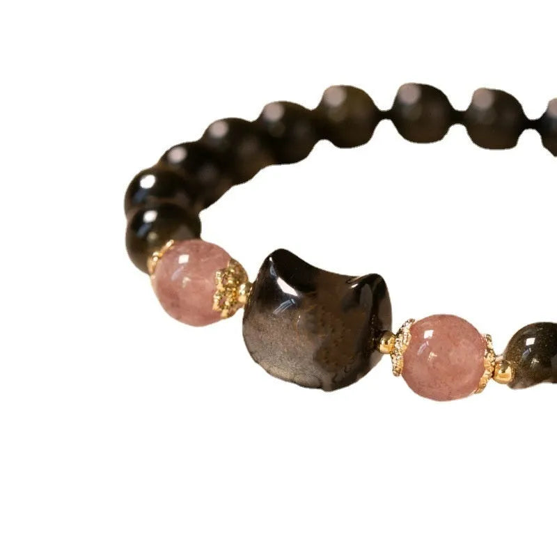 Black obsidian bracelet with 8mm beads and kitty charms in single circle design