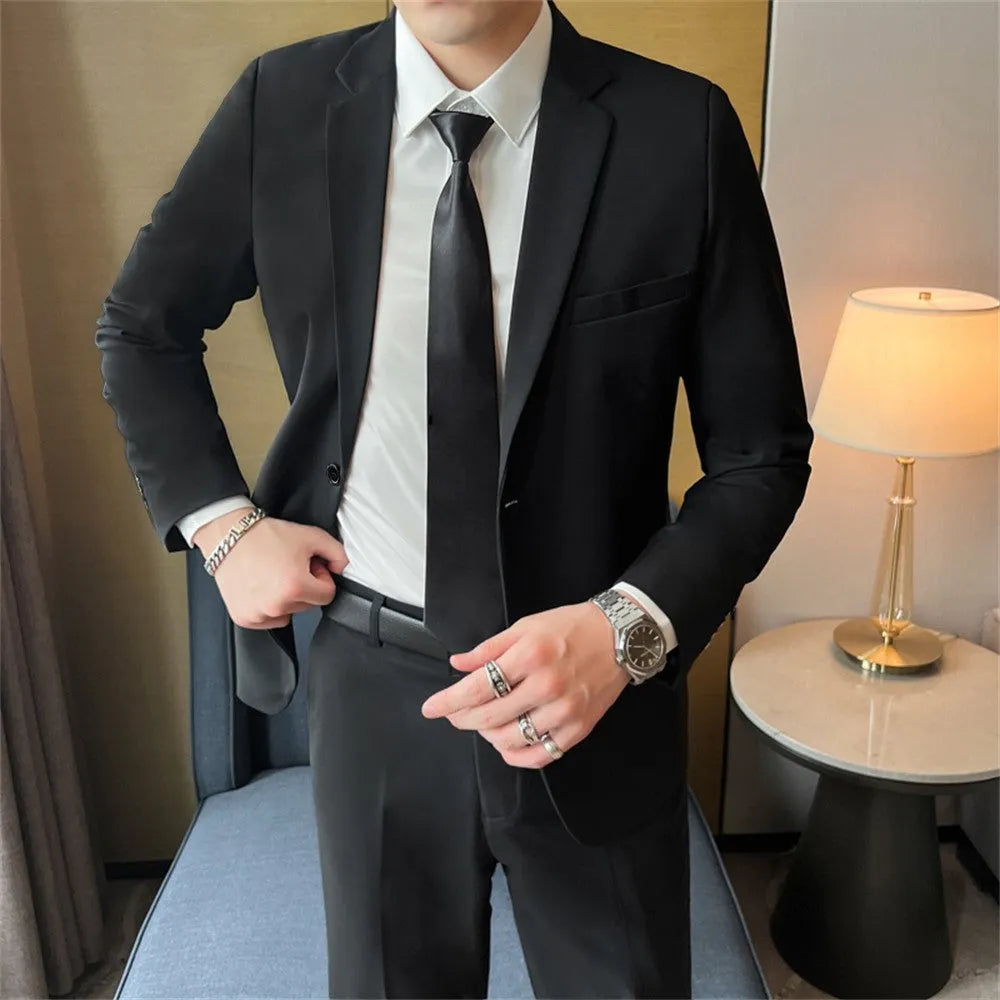 Men's slim fit corduroy suit set including jacket, trousers, shirt, and tie in a spring business casual style