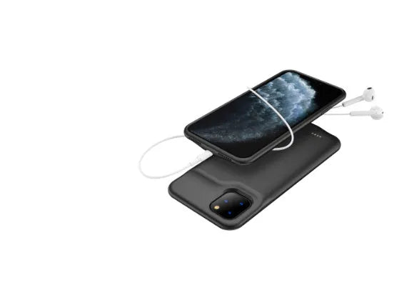 Shockproof silicone iPhone battery charger case in black, blue, pink, or white colours