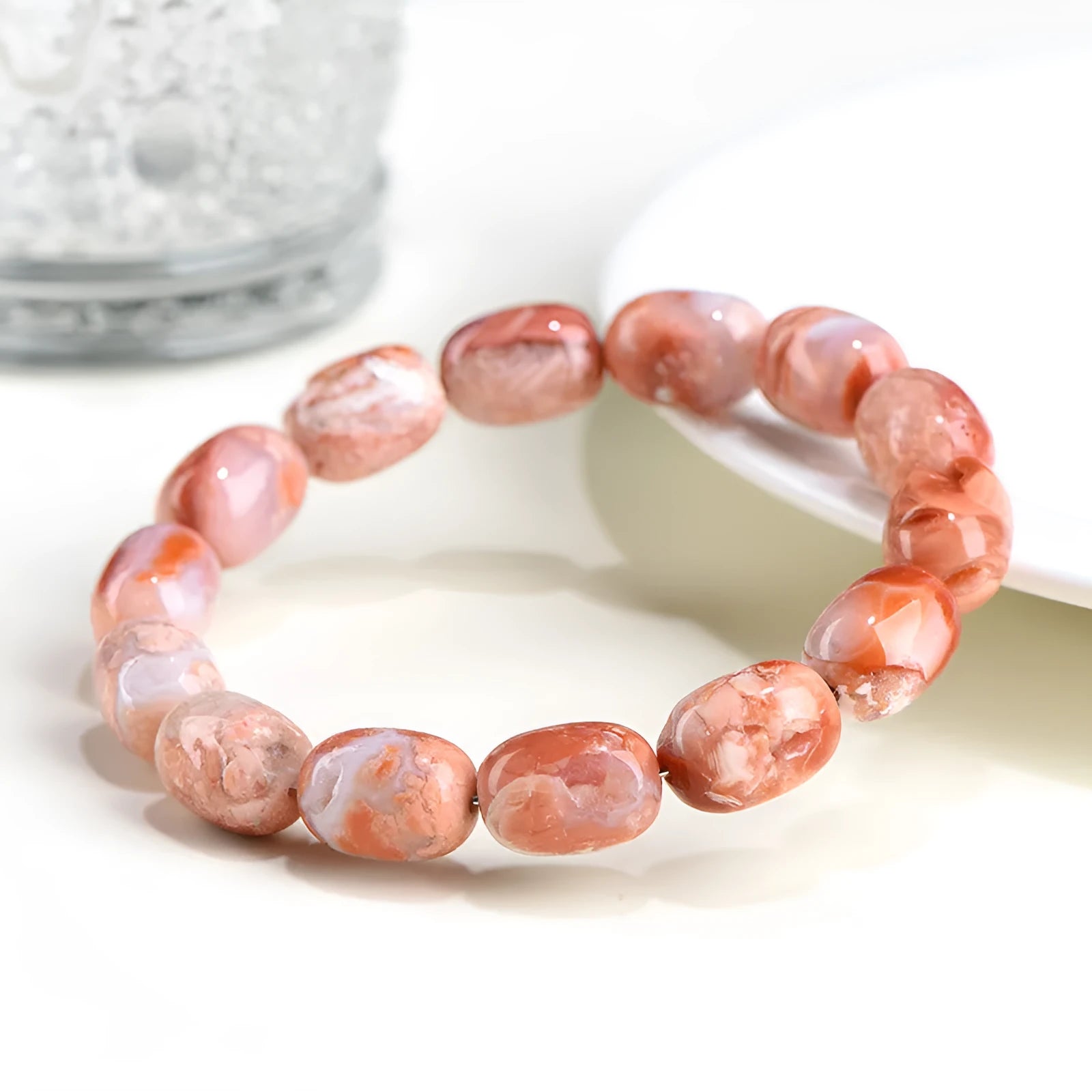 Natural cherry agate barrel bead bracelet with geometric shape and ruyi design elements