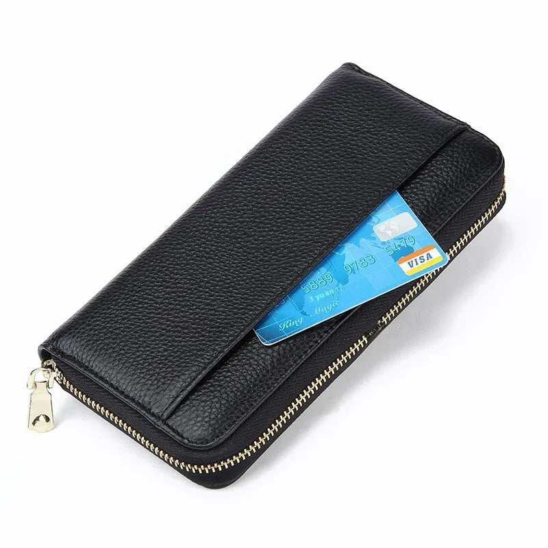 Women's genuine leather long wallet with RFID blocking in solid colours