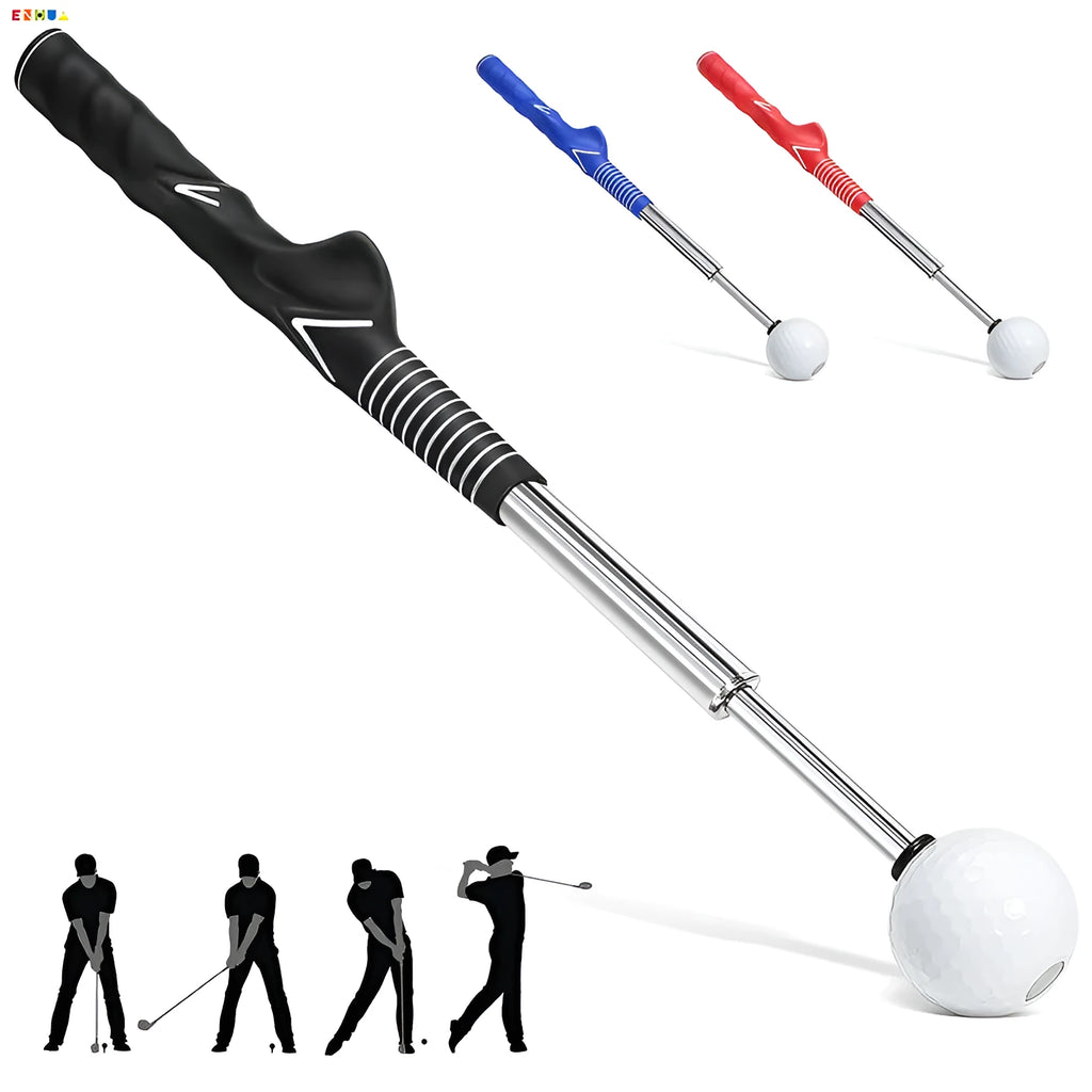 Telescopic stainless steel golf swing trainer in black, extended for practice.