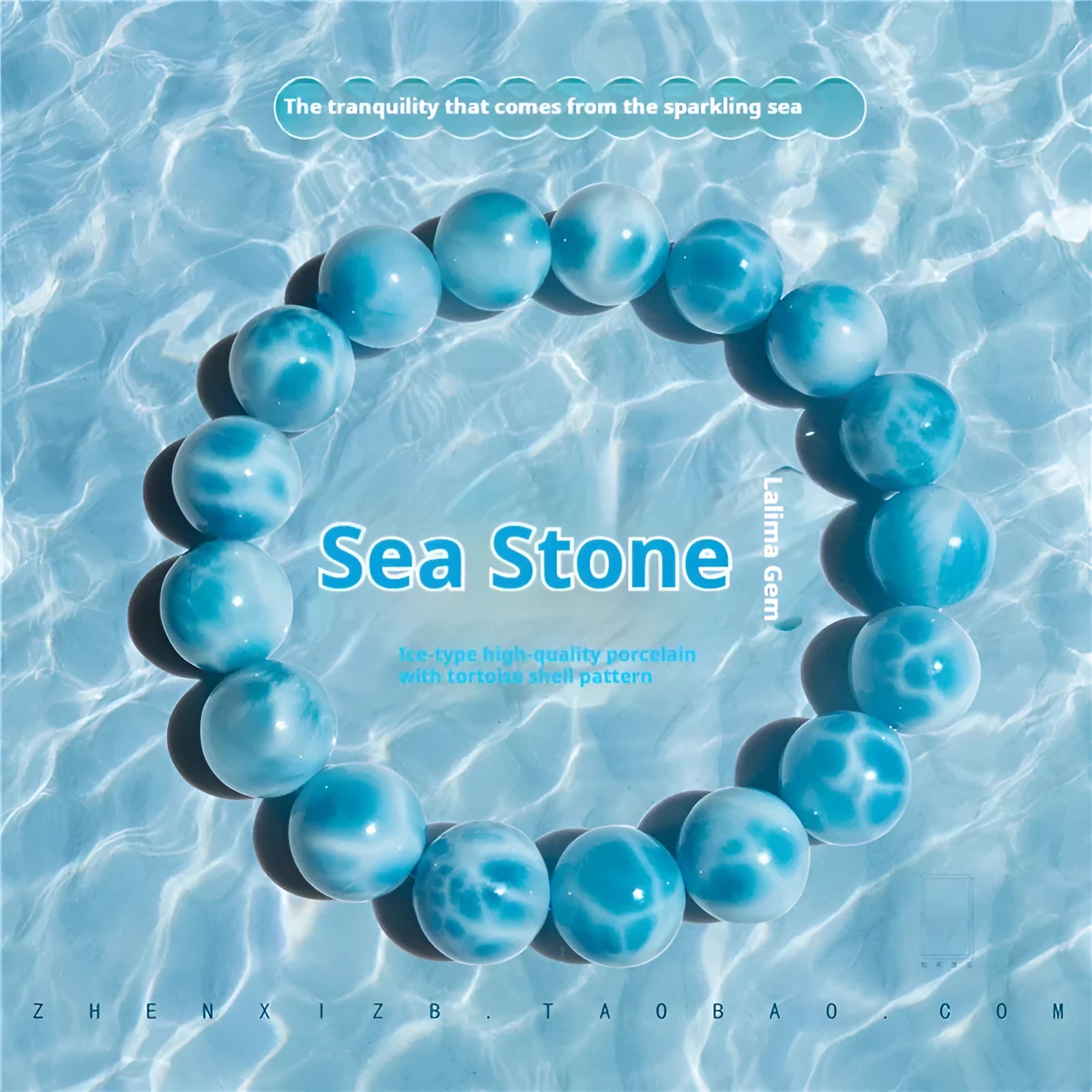 Blue handmade Bodhi bead bracelet with natural crystal and sea-pattern stone on a wrist.