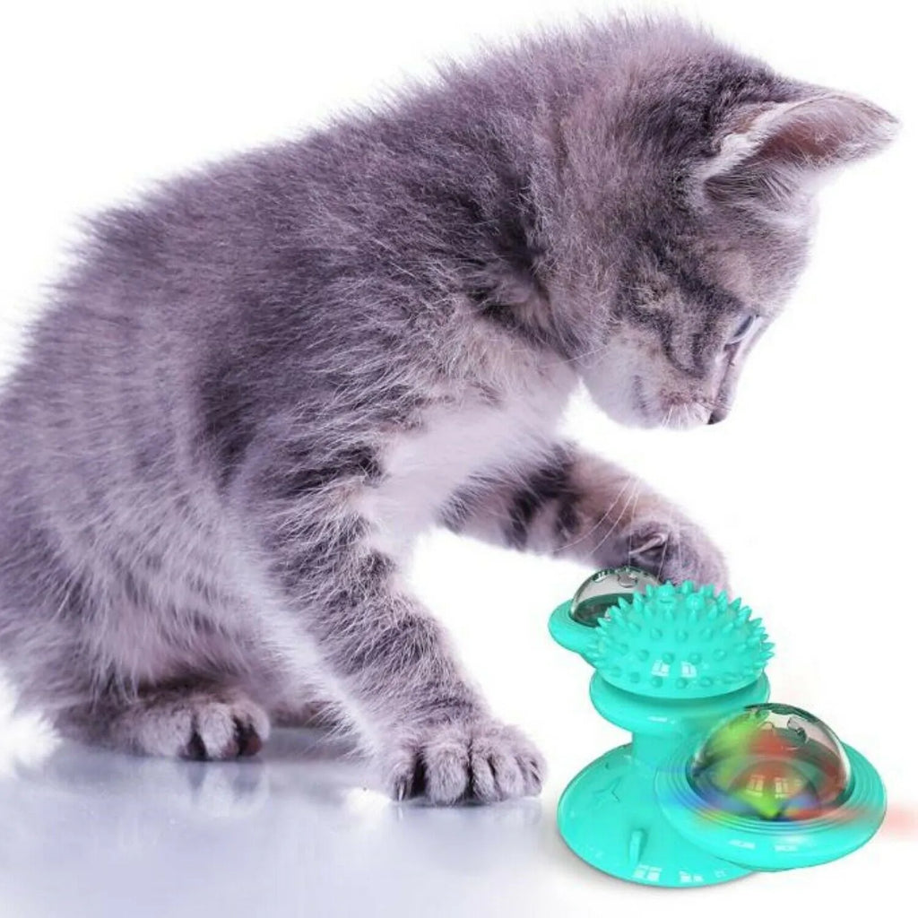 Windmill cat toy with suction cup, rotating spinner, LED ball, and catnip balls for indoor cats
