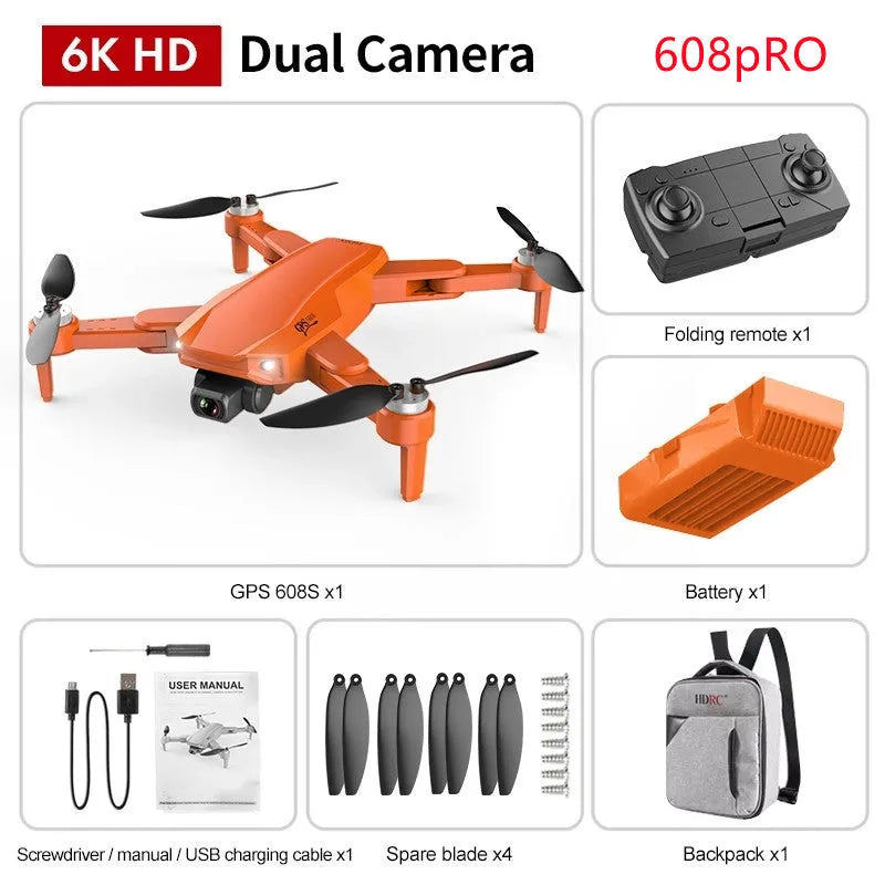 S608 PRO GPS dual camera quadcopter drone with brushless motor, 6K camera, and foldable orange body