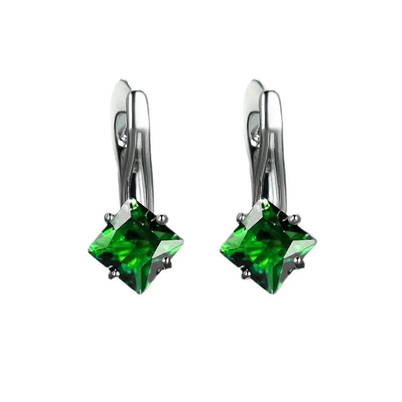 Women's copper earrings with a diamond design and inlaid zircon treatment in blue, green, or colour.