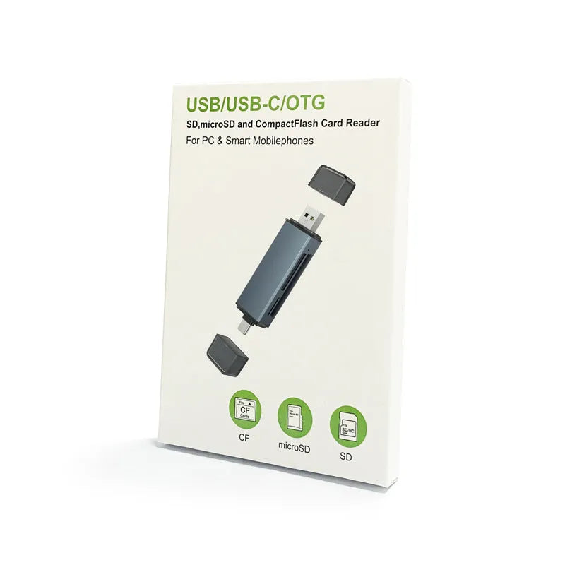 CF SD TF three-in-one memory card adapter with USB 2.0 interface and aluminium alloy body