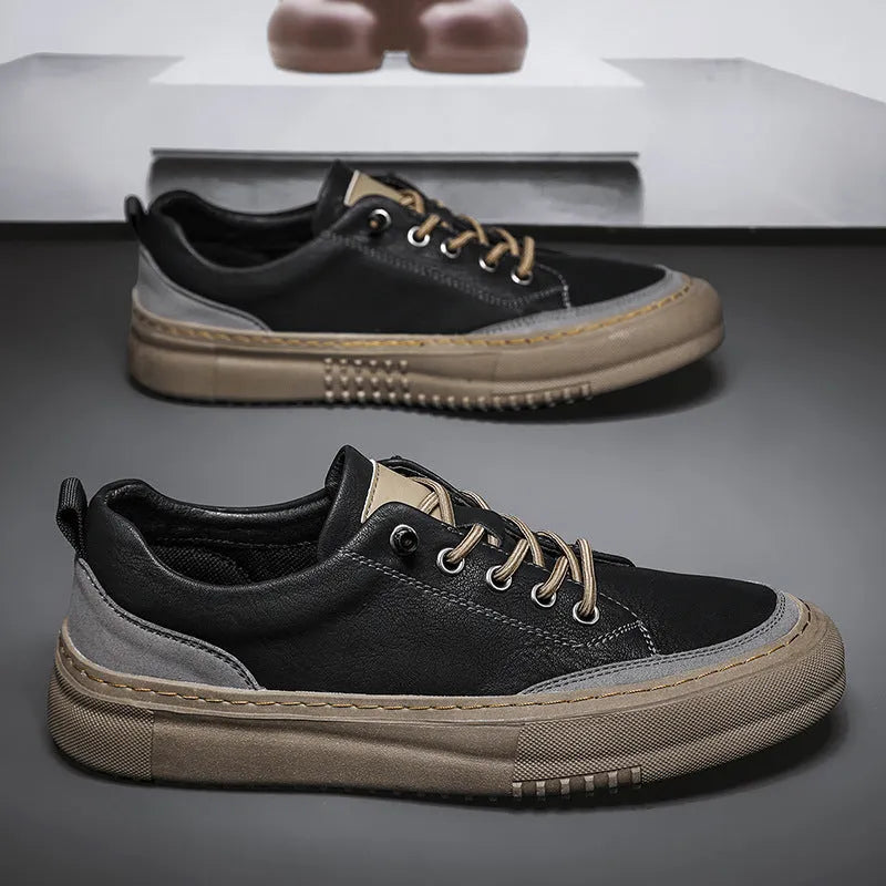 British round toe men's leather shoes in black and khaki with microfiber upper and lace-up front