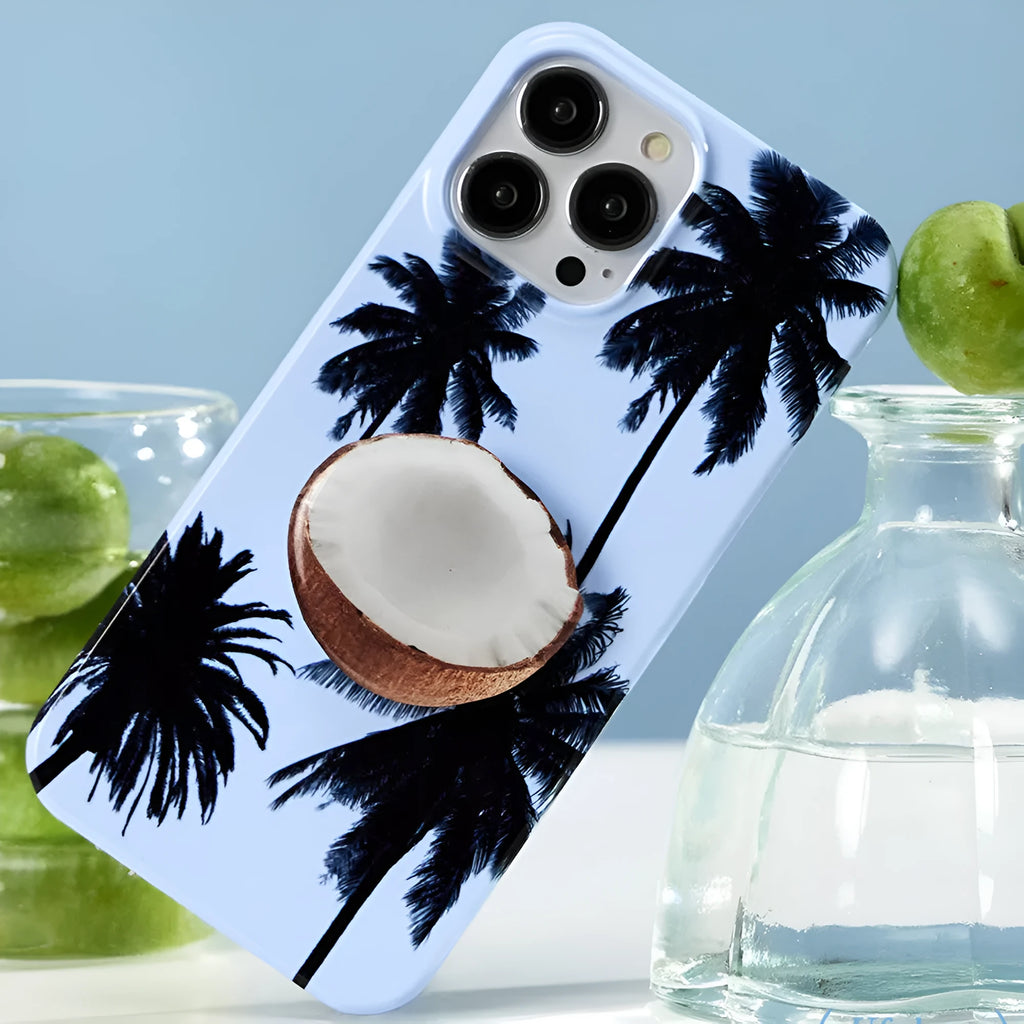 Summer coconut pattern TPU iPhone case shown on phone with bracket attachment option