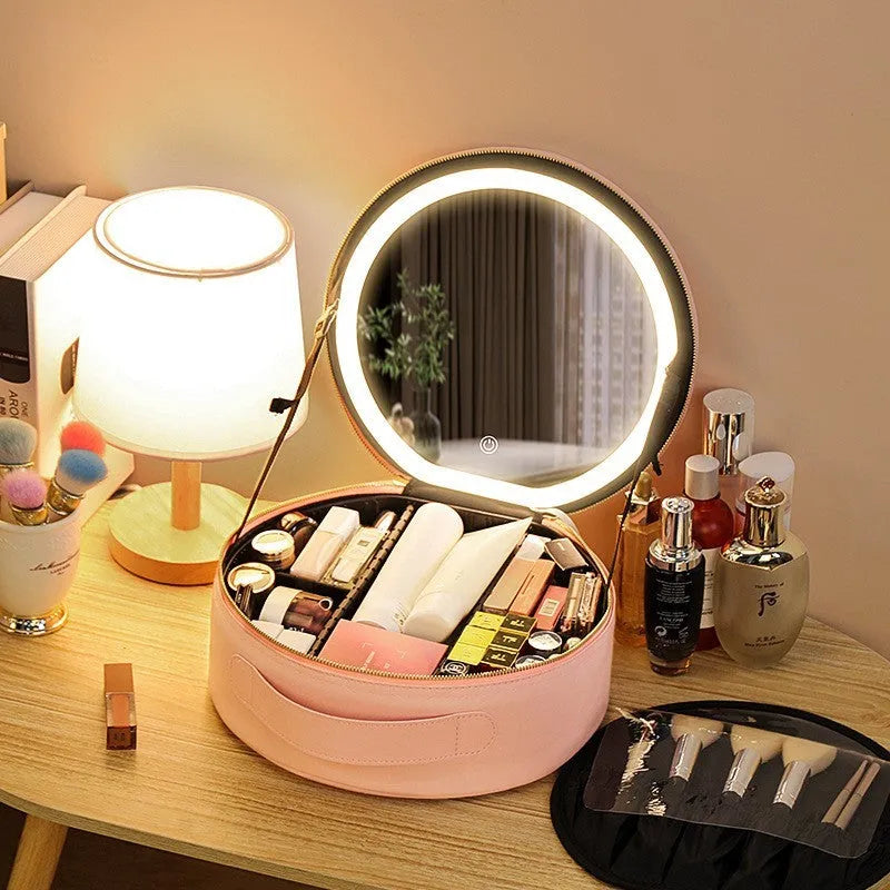 Round smart LED makeup bag with mirror lights in cherry blossom pink, PU leather, 29x28x11cm