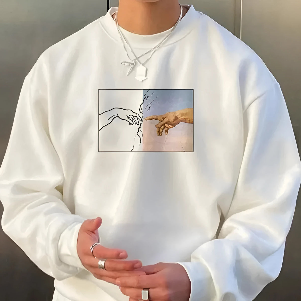 Men's hand printed sweatshirt long sleeve pullover polyester unisex top in white black blue purple