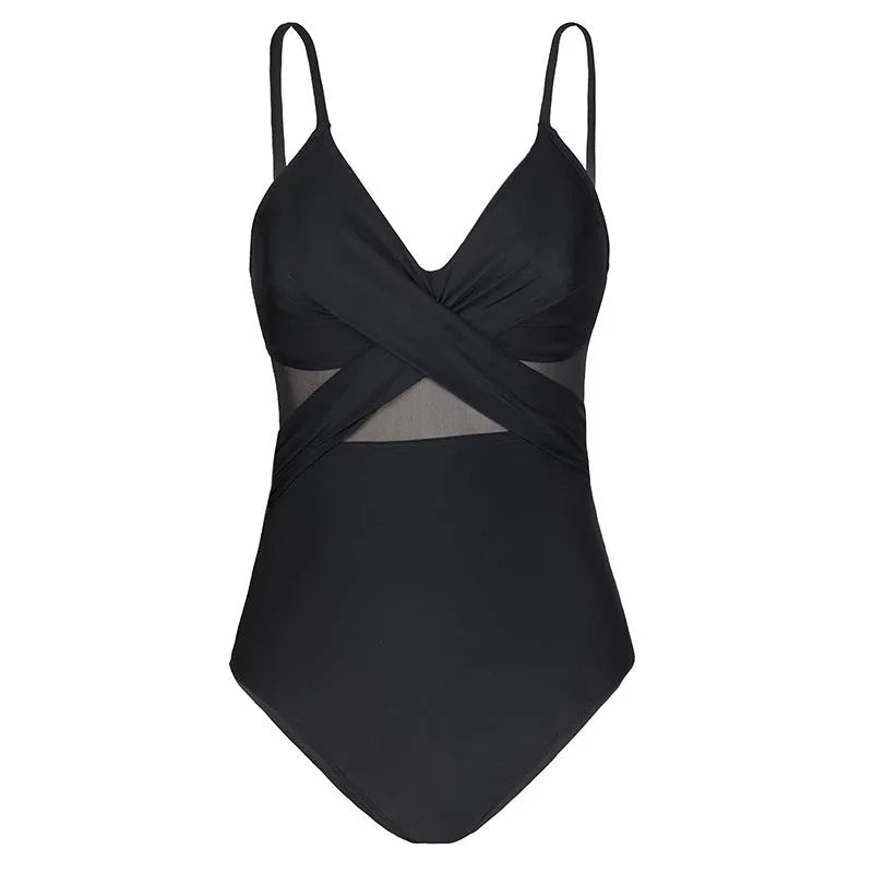 Women's Siamese bikini triangle swimwear in black nylon with backless design and high elasticity