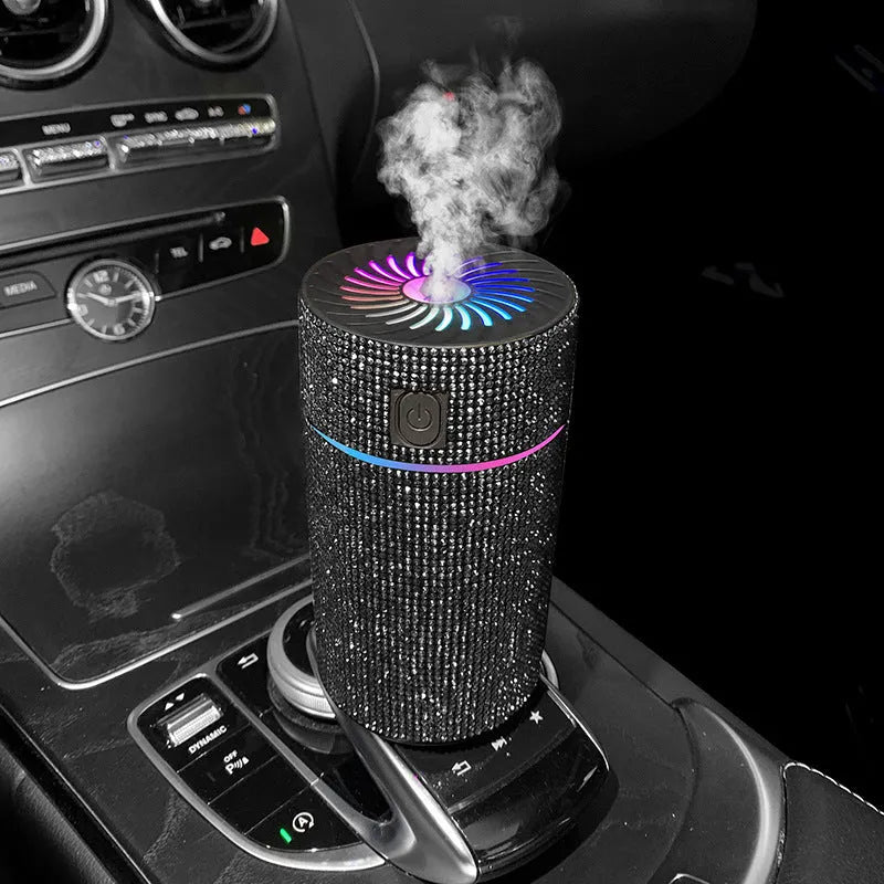Car-mounted air purifier humidifier unit showing compact design and USB power connection