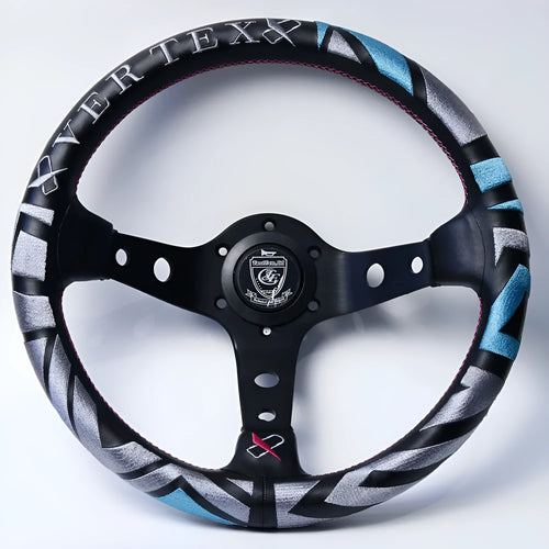 Black alloy racing steering wheel with deep concave rim and star embroidery pattern.