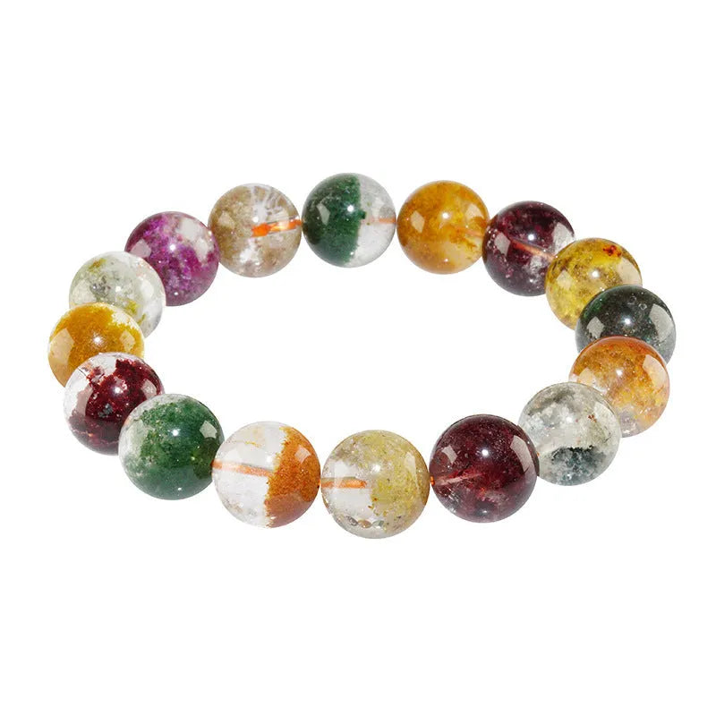 Crystal bracelet with 10mm beads showing a colourful natural four seasons ghost cornucopia ethnic design.