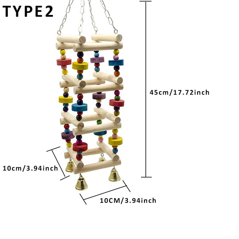 Parakeet bird toy amusement park swing stand with solid wood and metal accessories, 45x10cm