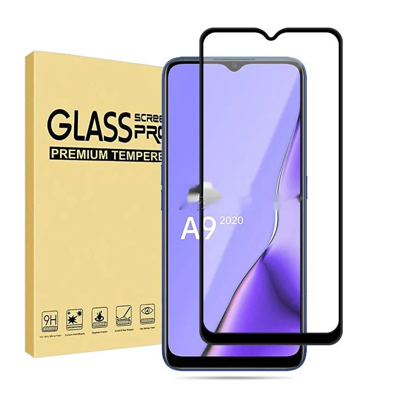 Full glue black tempered glass screen protector for OPPO A9 2020 smartphone.