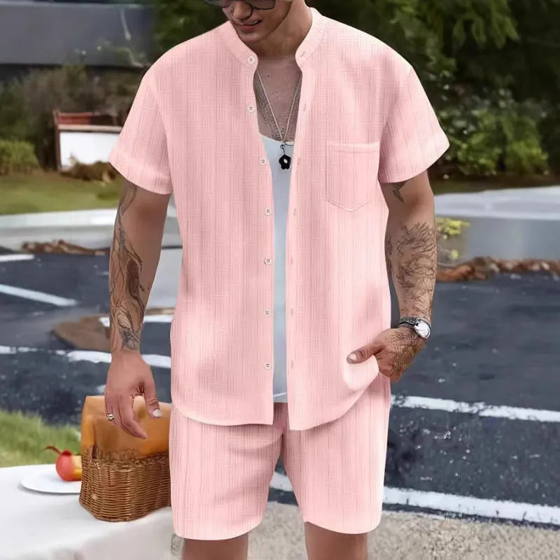 Men's casual henley collar short sleeve shirt and shorts set in polyester, available in multiple colours