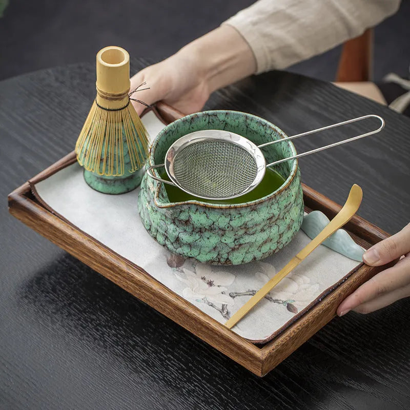 Japanese style matcha bowl set 7-piece gift box with bamboo whisk stand and ceramic bowl in cherry blossom blue
