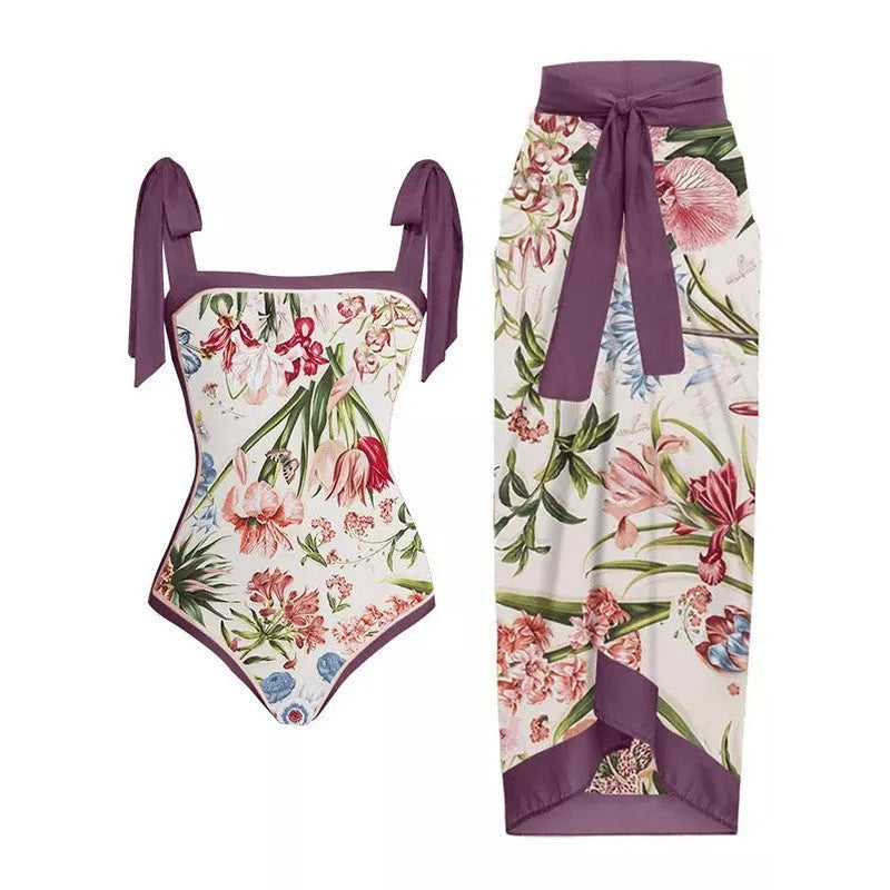 Women's retro floral one-piece swimsuit with a lightweight chiffon skirt.