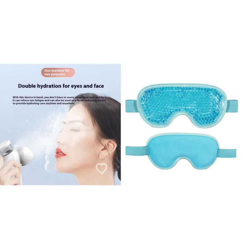 White portable rechargeable eye mask device for hot compress and atomisation, shown with USB cable.