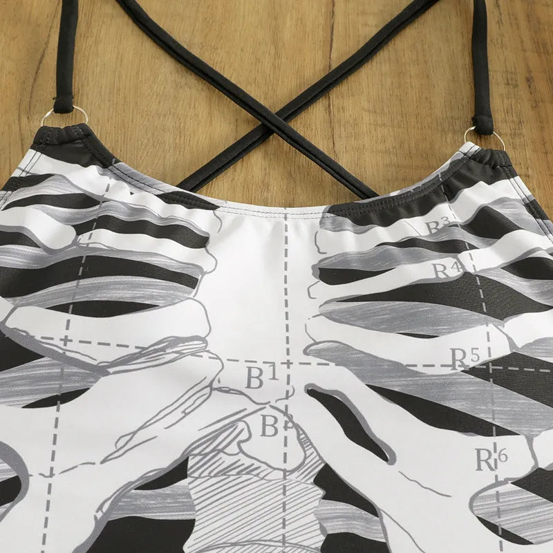Women's one-piece swimsuit with black and white skeleton print, polyester lining, sizes S to XL.