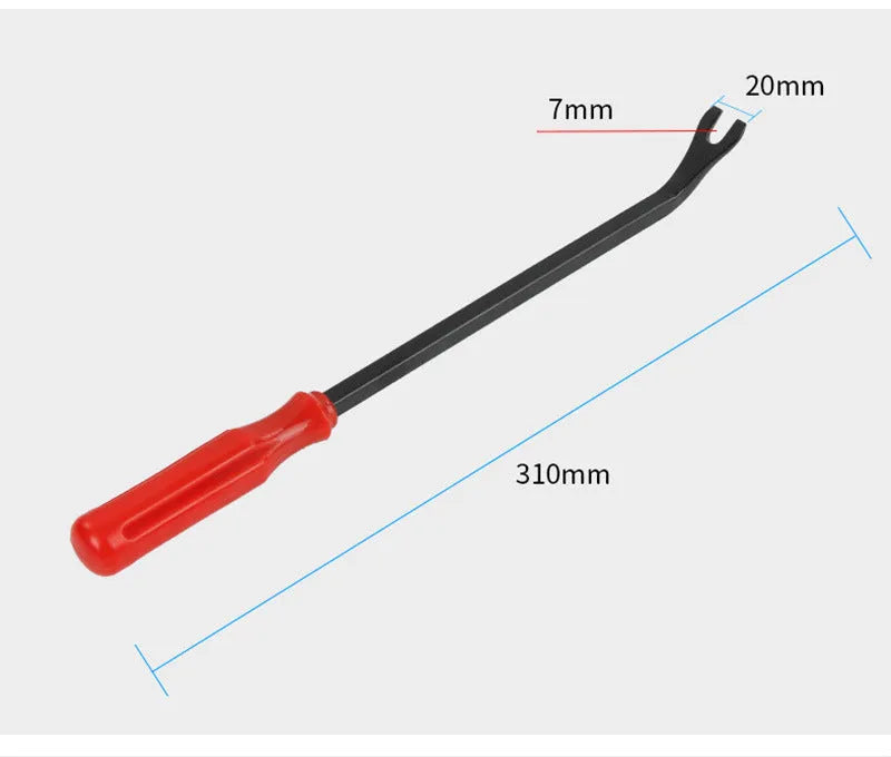 Red-handled steel automotive pliers for General Motors door panel clip removal.
