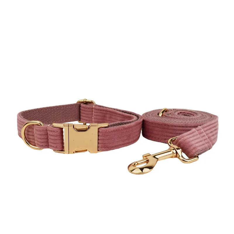 Corduroy dog collar and matching accessories including leash, vest, bow tie, and poop bag holder