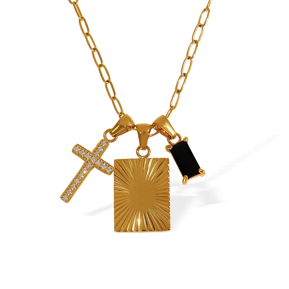 Titanium steel cross pendant necklace with black zircon square plate and gold electroplating on regular chain