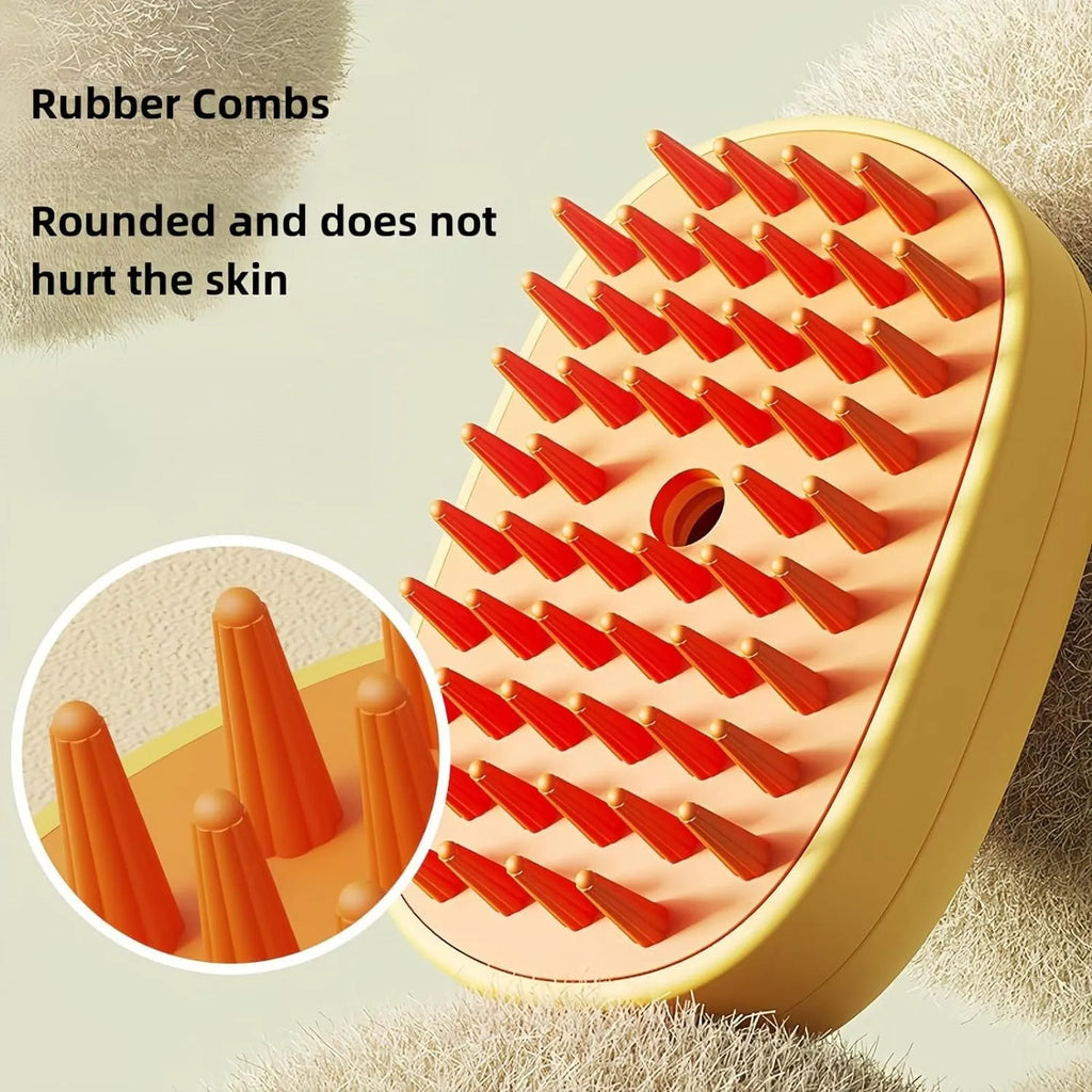 White and yellow pet steam brush with rubber comb teeth and water tank for cats and dogs