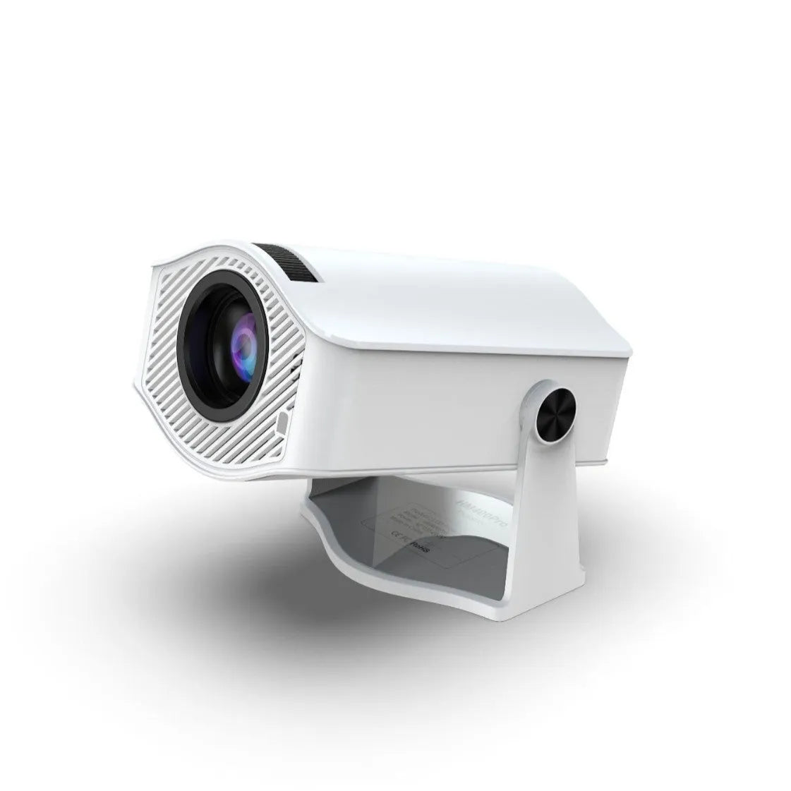 White HM400pro barrel portable projector on a table with 720p resolution and 200 ANSI brightness
