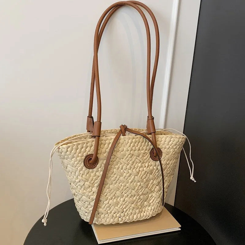 Large capacity woven shoulder bag in milky white or khaki, dual-use hand-carrying tote, horizontal square shape