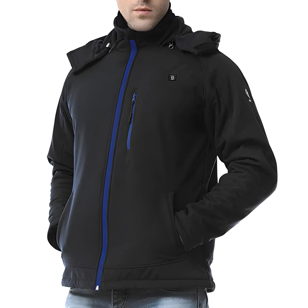 Black USB heated winter waterproof coat for men with zipper pockets and long sleeves