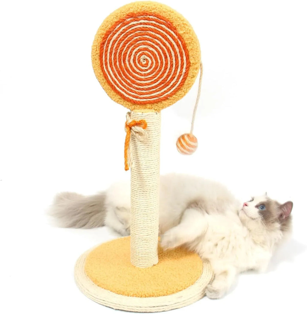Blue cat scratching post with natural sisal rope and a hanging ball on a stable wooden base.