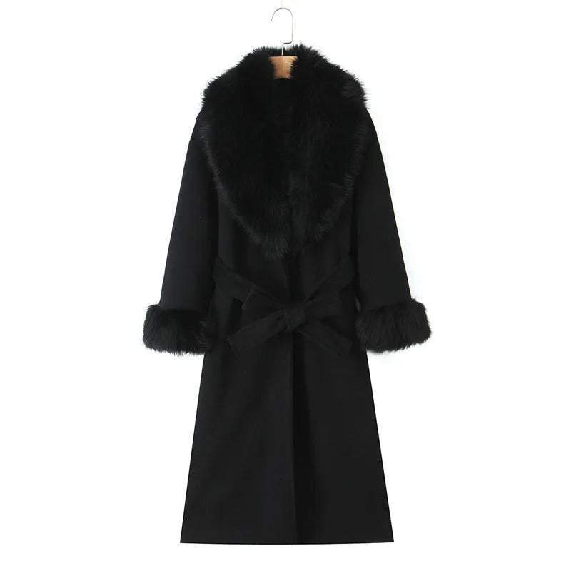 Women's long wool blend coat with detachable big rabbit fur collar and belt, front view, pattern colour