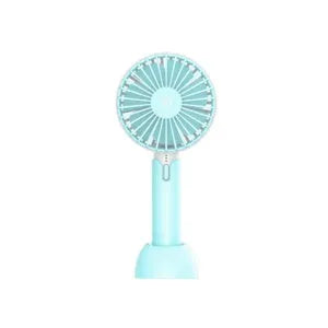 Blue handheld portable mini fan with USB cable, three-speed buttons, and shaking head design on desktop
