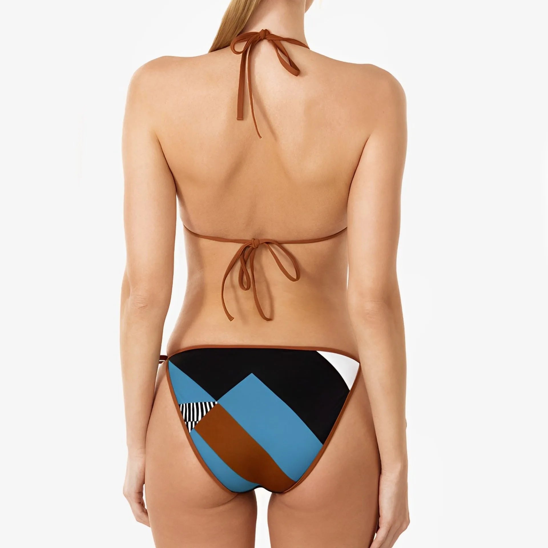 Women's skinny print bikini set with backless design, shown in picture colour for swimming.