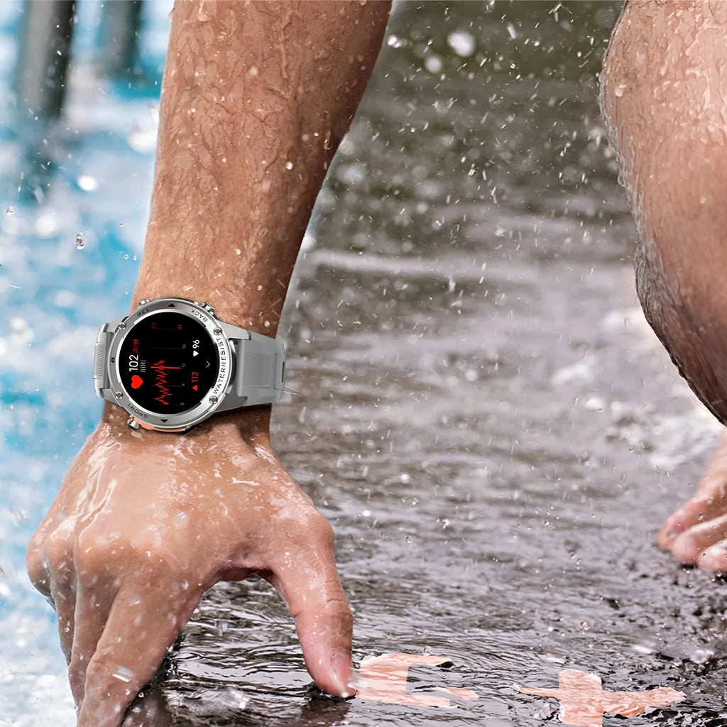 Outdoor Compass 5ATM waterproof smart watch with AMOLED display, black and silver colours, health monitoring features