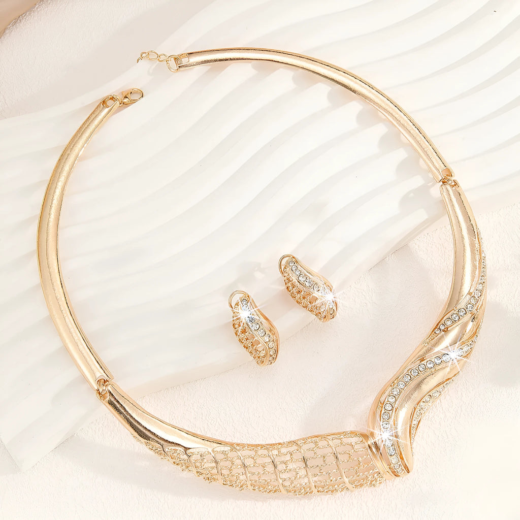 Gold-tone alloy necklace and earrings set for women with heart, water drop and bell motifs